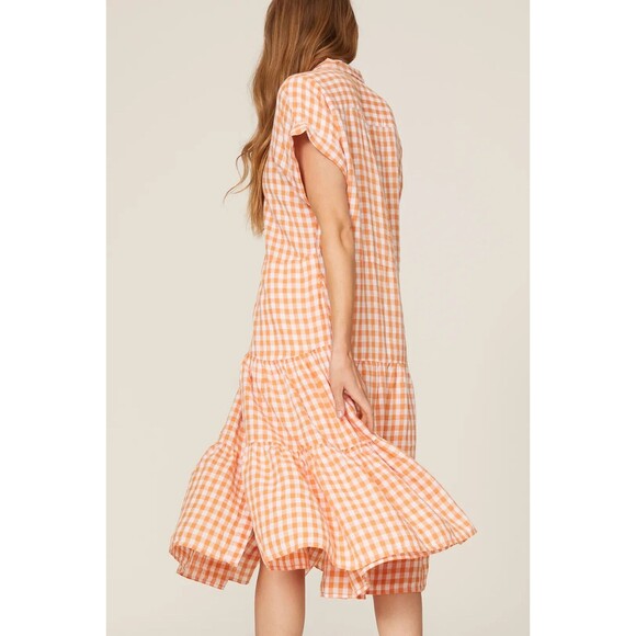 Lauren Ralph Lauren Dress Size 12 Vilma Gingham Linen Shirt Midi Orange White - Picture 2 of 8